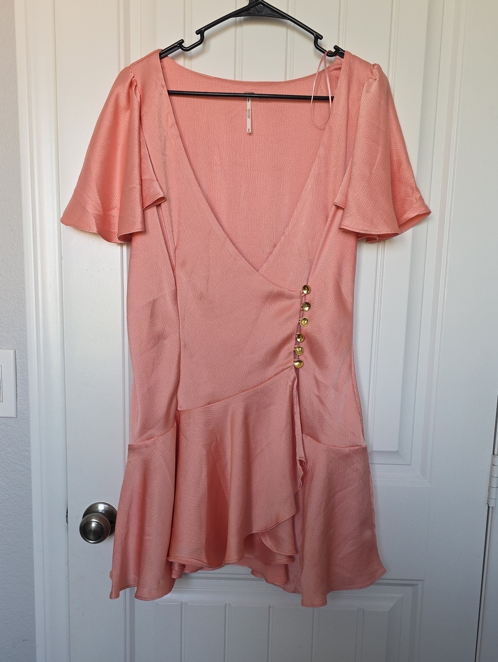Free People Coral Pink Wrap Mini Dress with Gold Buttons
